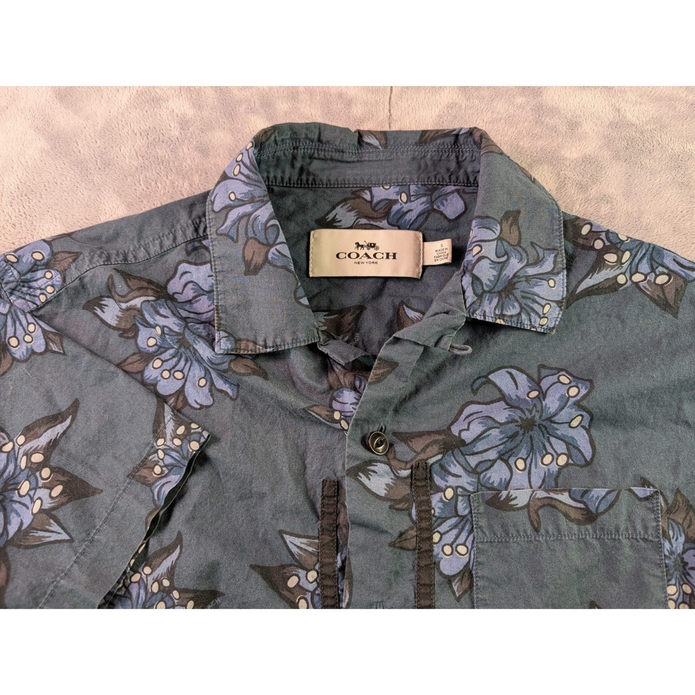 Coach Men's Teal Button-Down Shirt with Blue Floral Print